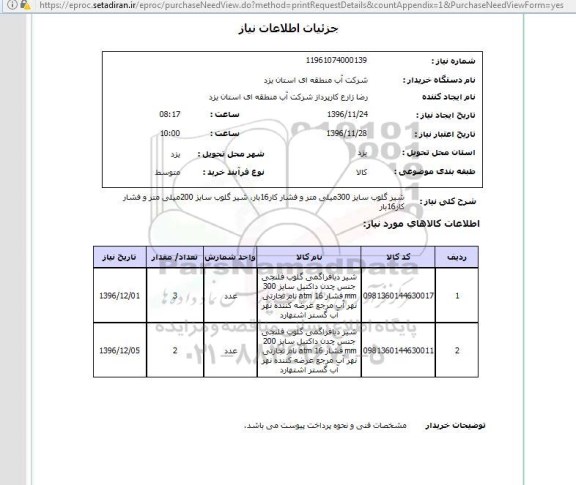 استعلام, استعلام شیر گلوب سایز 300 میل متر