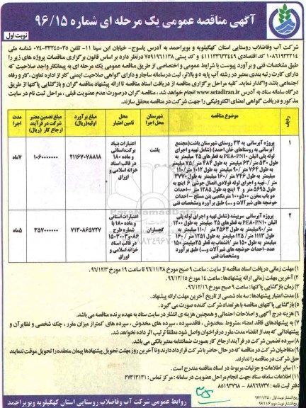 آگهی مناقصه عمومی, مناقصه پروژه آبرسانی به 33 روستای ...