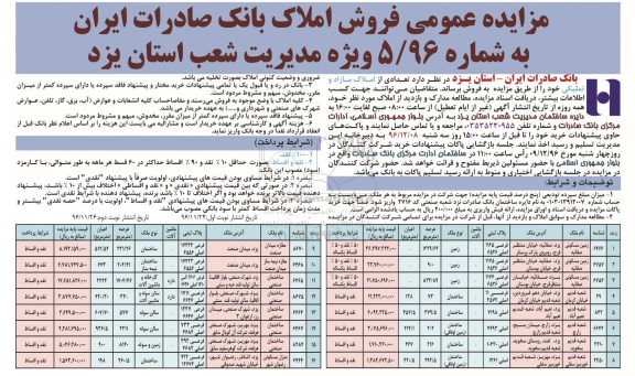مزایده,مزایده فروش تعدادی از املاک مازاد و تملیکی