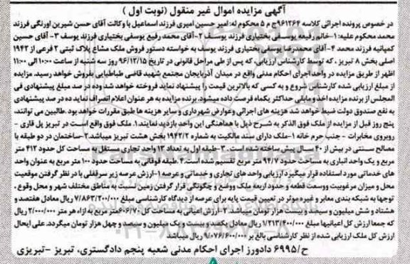 مزایده,مزایده ملک مشاع پلاک ثبتی دو فرعی بخش هشت تبریز