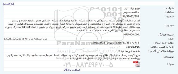 مناقصه اجرای عملیات نگهداری شبکه ، رسیدگی به اتفاقات شبکه 