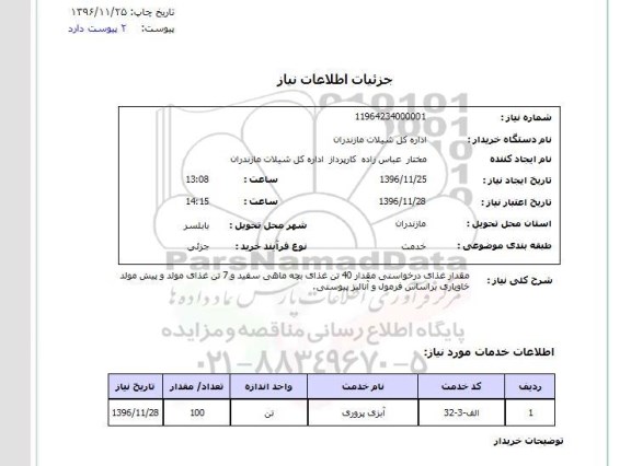 استعلام, استعلام 40 تن غذای بچه ماهی و ...