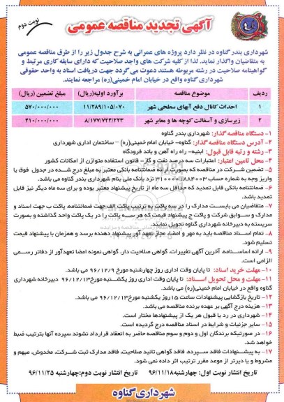 آگهی تجدید مناقصه عمومی، تجدید مناقصه احداث کانال دفع آبهای سطحی شهر... - نوبت دوم