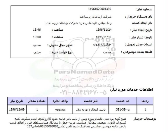 استعلام تولید، انتقال و توزیع برق