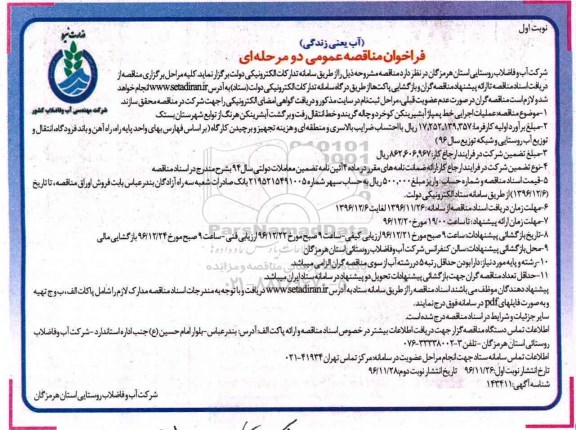 مناقصه ، مناقصه عملیات اجرایی خط پمپاژ آب شیرینکن....