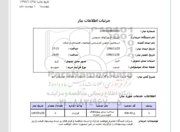 استعلام تهیه ازییلت شبکه آب و گاز شهرک صنعتی اشتهارد