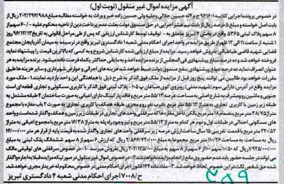 مزایده,مزایده پلاک ثبتی بخش 4 تبریز نوبت اول