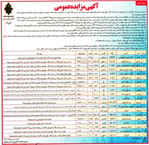 مزایده ,مزایده فروش املاک نقد و اقساط نوبت دوم 