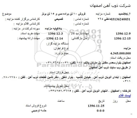 مزایده فروش 10 تن براده مس و 15 تن برنز