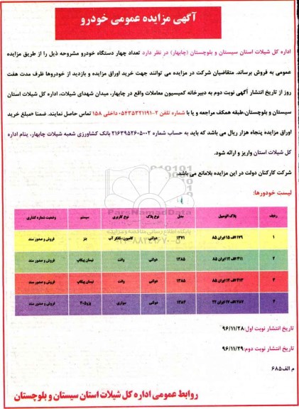 آگهی مزایده عمومی, مزایده فروش  تعداد چهار دستگاه خودرو 