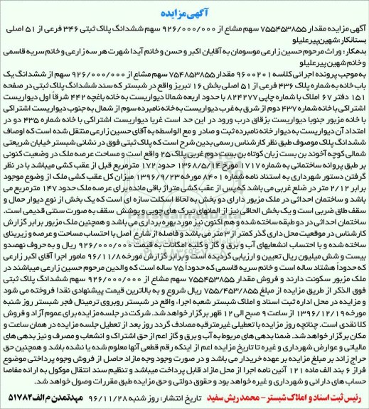 مزایده,مزایده مقدار 755453855 سهم مشاع از 926.000.000 سهم پلاک ثبتی