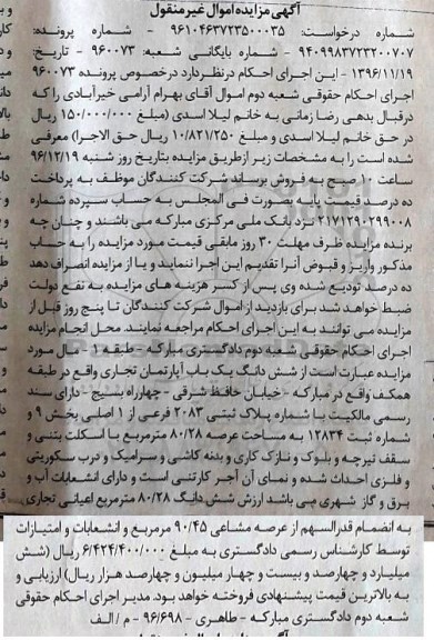 مزایده,مزایده ششدانگ آپارتمان تجاری عرصه 80.28متر