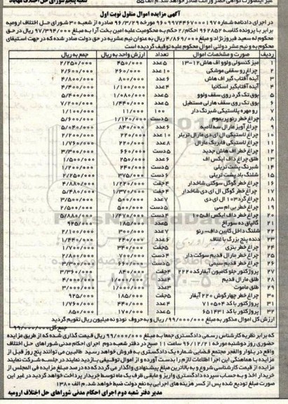 آگهی مزایده,مزایده میز کنسولی ، چراغ رو سقفی ، آینه