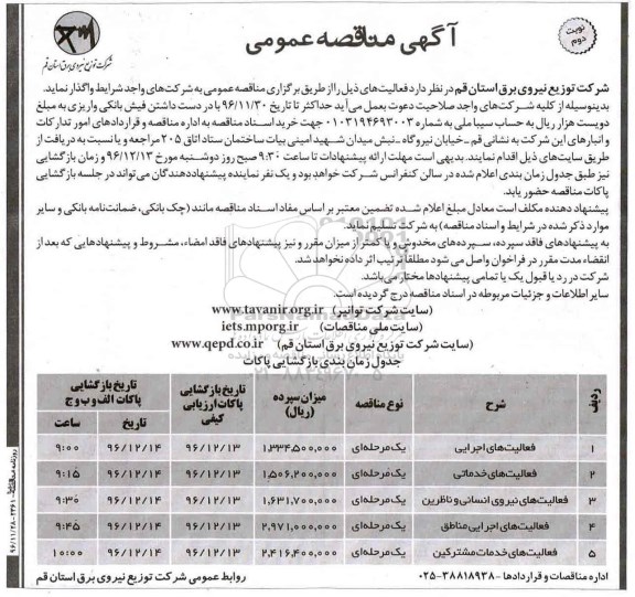 مناقصه , مناقصه فعالیت های خدماتی و نیروی انسانی... نوبت دوم 