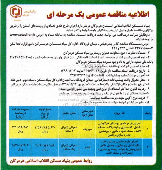 آگهی مناقصه عمومی یک مرحله ای , مناقصه اجرای طرح هادی روستا شامل کف سازی با ...