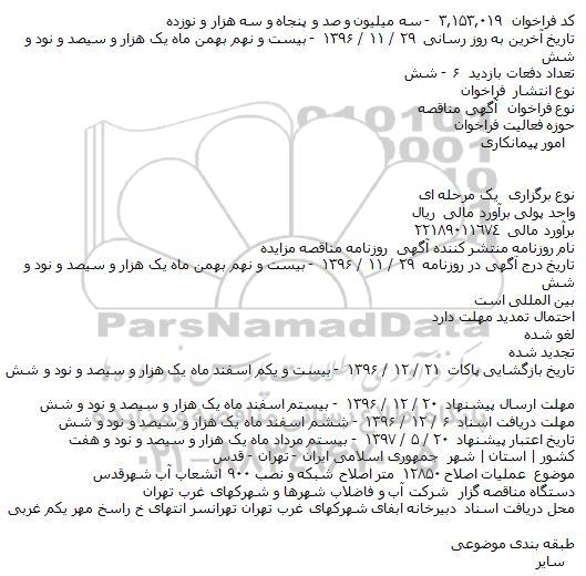 مناقصه عملیات اصلاح ۱۲۸۵۰ متر اصلاح شبکه