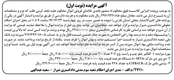 آگهی مزایده,مزایده گلگیر جلو چپ و راست پژو 206 تعداد 200 عدد