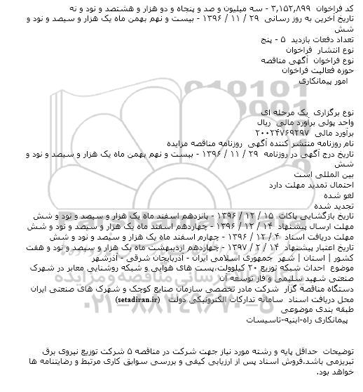 مناقصه ، مناقصه احداث شبکه توزیع ۲۰ کیلوولت٬پست های هوایی