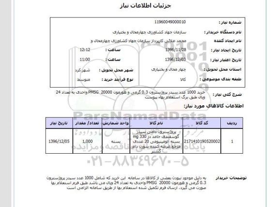 استعلام، استعلام خرید 1000 عدد سیدر پروژسترون ...