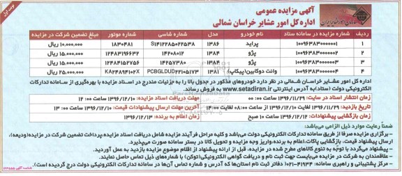 آگهی مزایده عمومی, مزایده فروش خودرو پراید، پژو ...