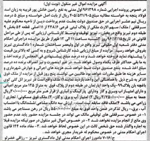 مزایده ,مزایده ملک مساحت 125مترمربع نوبت اول