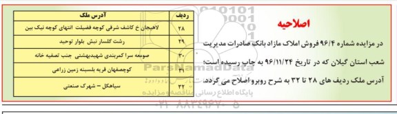 اصلاحیه مزایده,مزایده فروش تعدادی از املاک مازاد