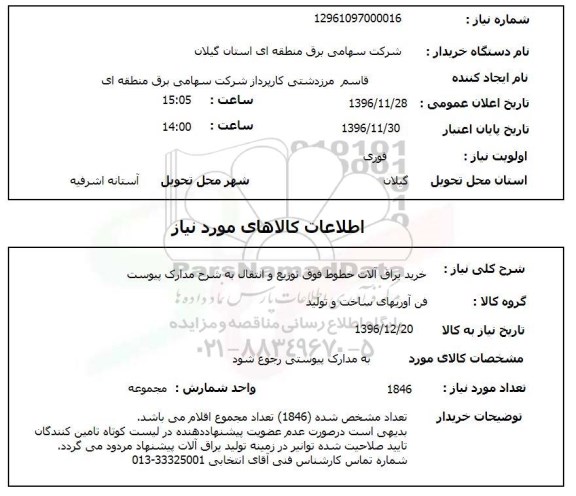 استعلام خرید یراق آلات خطوط فوق توزیع و انتقال