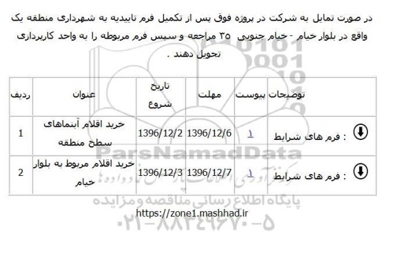 مناقصه,مناقصه خرید اقلام آبنماهای سطح منطقه