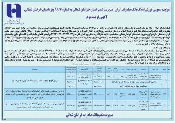 مزایده,مزایده عمومی فروش املاک بانک صادرات ایران نوبت دوم