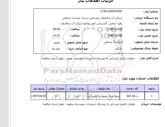 استعلام, استعلام عملیات تکمیل آبرسانی 