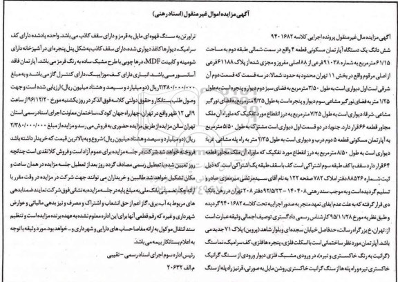 مزایده,مزایده ششدانگ آپارتمان مساحت 61.15مترمربع 