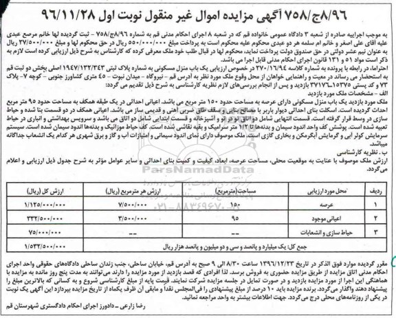 مزایده,مزایده منزل مسکونی عرصه 150 متر نوبت اول 