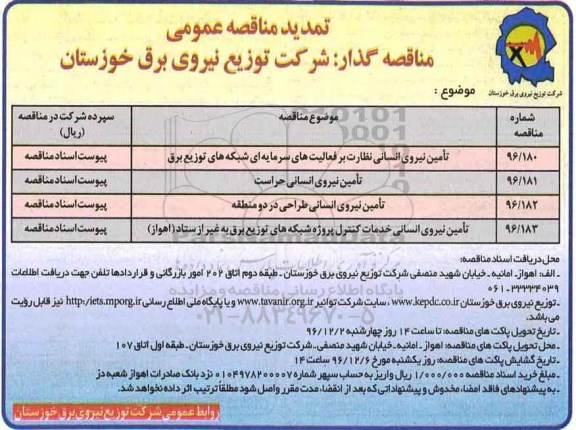 تمدید مناقصه عمومی, تمدید مناقصه تامین نیروی انسانی نظارت بر فعالیت های سرمایه ای شبکه های توزیع برق