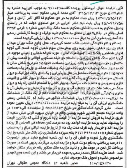 مزایده،مزایده ششدانگ ملک به مساحت 65 مترمربع