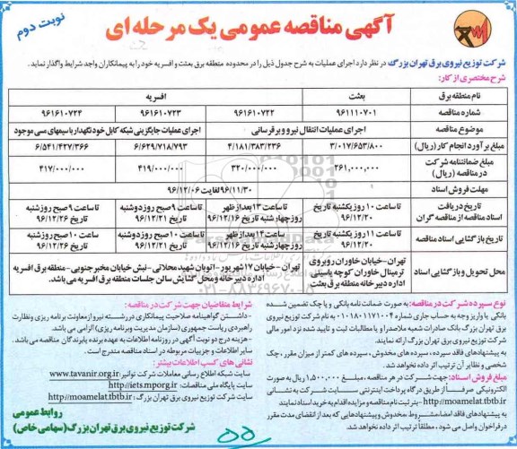 مناقصه ,مناقصه اجرای عملیات انتقال نیرو و برقرسانی ...- نوبت دوم