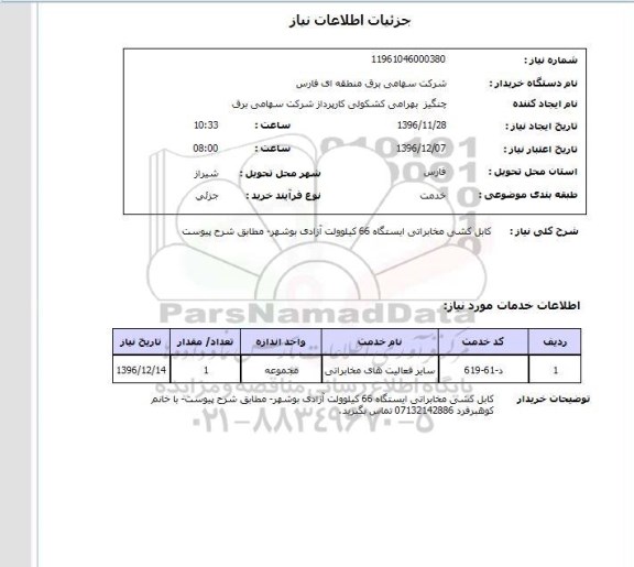 استعلام کابل کشی مخابراتی ایستگاه 66 کیلوولت ...