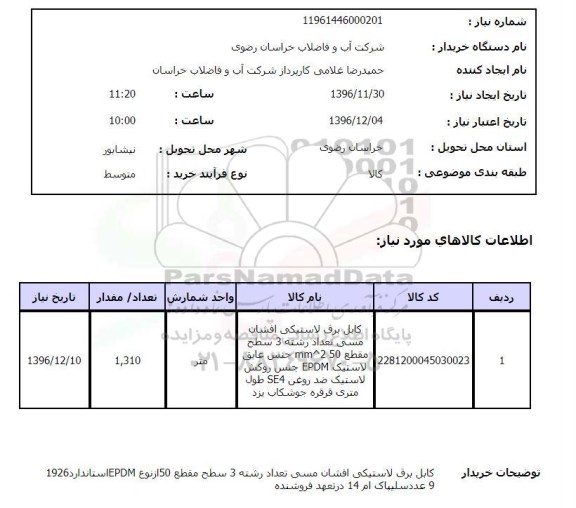 استعلام  کابل برق لاستیکی افشان مسی  ...