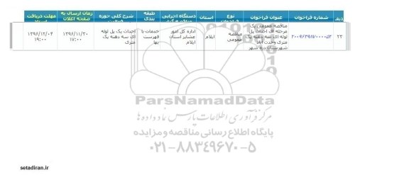مناقصه عمومی یک مرحله ای احداث پل لوله ای سه دهنه یک متری وحدت آباد شهرستان دره شهر