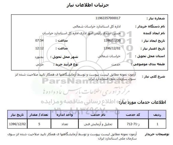 استعلام ,استعلام آزمون نمونه مطابق لیست پیوست و توسط آزمایشگاههای همکار 