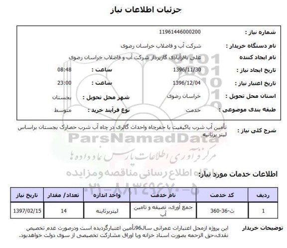 استعلام تامین آب شرب با کیفیت با حفرچاه و احداث گالری در چاه آب شرب...