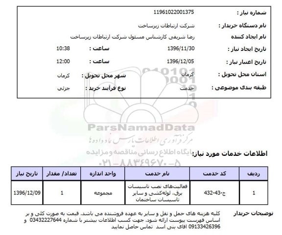استعلام،استعلام فعالیت های نصب تاسیسات برق لوله کشی