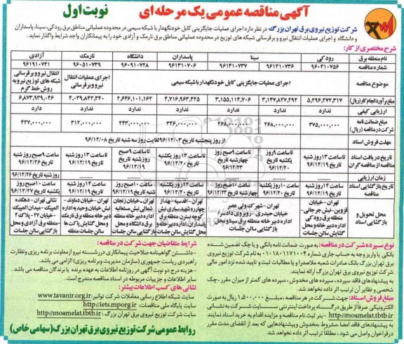 مناقصه, مناقصه عملیات جایگزینی کابل ....