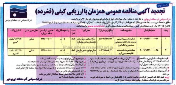 تجدید آگهی مناقصه عمومی , مناقصه عملیات ترمیم و لایروبی حوضچه های تغذیه... تجدید نوبت دوم 