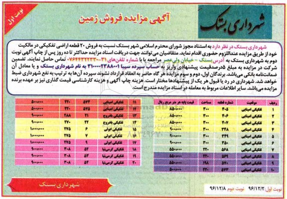 مزایده,مزایده فروش 20 قطعه اراضی تفکیکی 