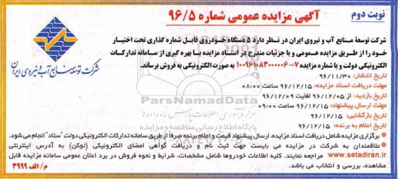 آگهی مزایده عمومی، مزایده 5 دستگاه خودروی قابل شماره گذاری- نوبت دوم