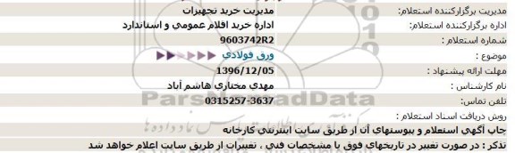 استعلام, استعلام ورق فولادی 