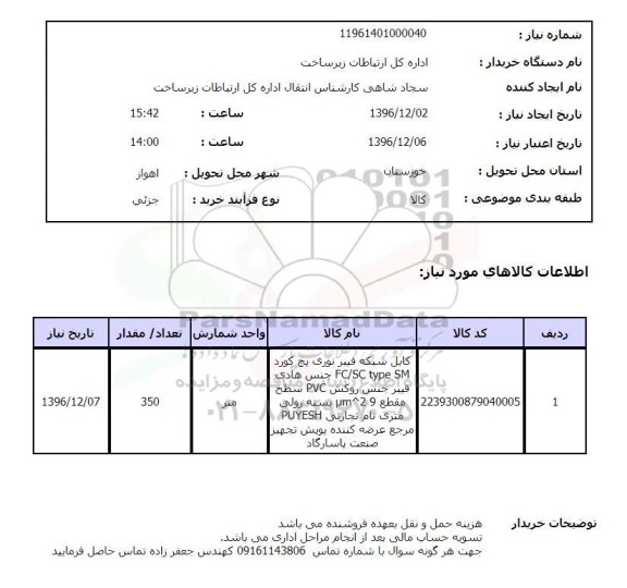 استعلام کابل  شبکه فیبر نوری پچ کورد