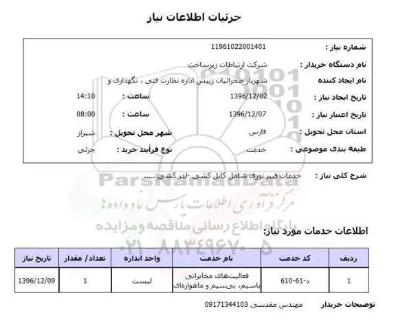 استعلام خدمات فیبر نوری شامل کابل کشی، لدرکشی ...