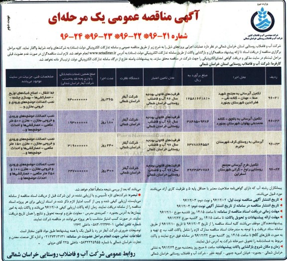 مناقصه,مناقصه تکمیل آبرسانی ... (نوبت دوم)