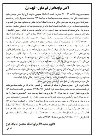 مزایده,مزایده 35 سهم از 240 سهم مغازه تجاری نوبت اول